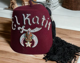 Shriner's Fez Hat El Katif ~ Vintage Masonic Wool Hat w Rhinestones Pharoah & Long Tassle ~ Size 7 1/4 ~ Costume Hat Prop ~ VintageSouthwest