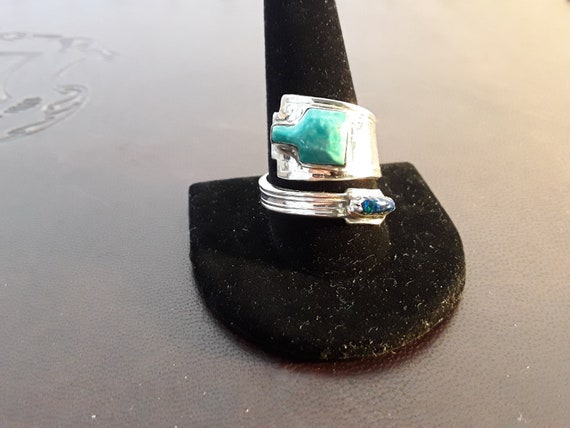 Turquoise & Opal Sterling Silver Flatware Ring - … - image 4