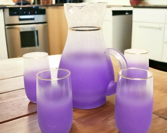 Blendo Purple Frosted Pitcher & 4 Glasses Set ~ Vintage Gold Rimmed Lavender Drinkware ~ 10" Pitcher 5" 14oz Glasses ~ VintageSouthwest
