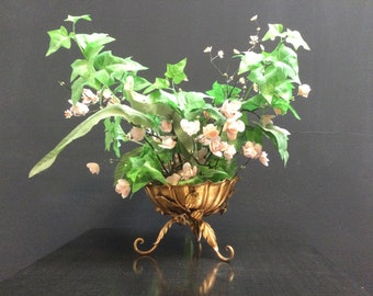 Italian Toleware Planter ~ Gold Gilt Leaf Basket 8 1/2" D ~ Includes Removable Pink Shell Faux Flowers ~ Hollywood Regency ~VintageSouthwest