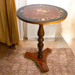 Italian Inlaid Marquetry Table ~ 24 1/2&quot; H X 16 3/4&quot; D Round Wood Pedestal Table ~ Made in Italy ~ Vintage Parlor Table ~ Please Read Desc