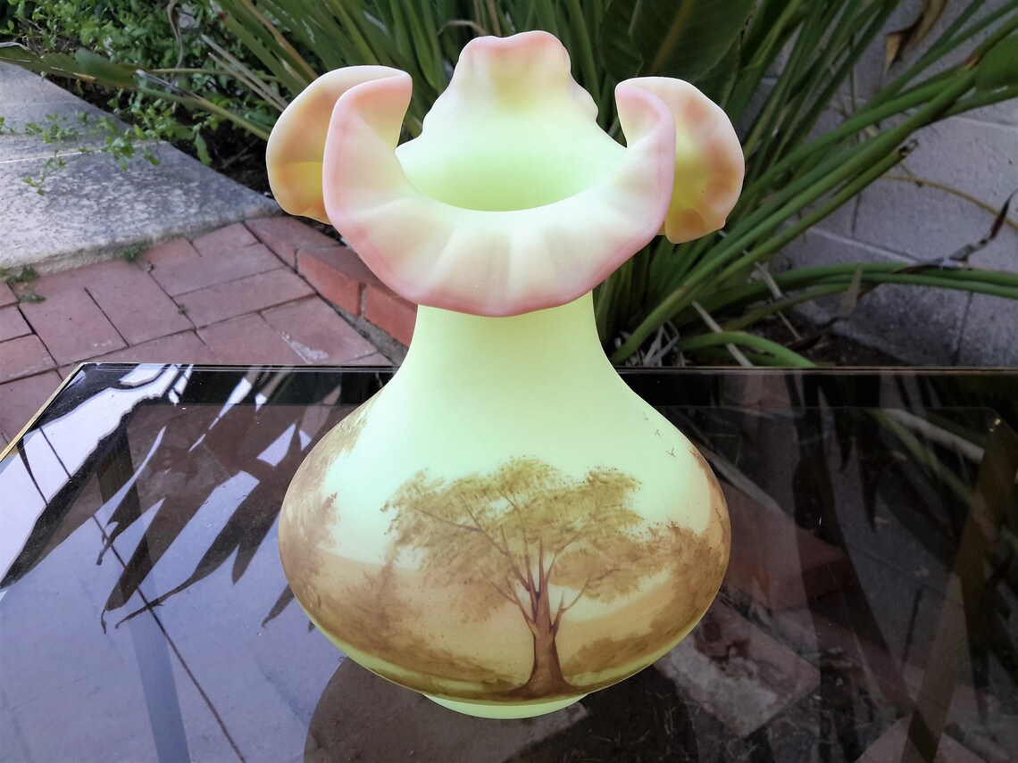 Fenton Decorated Burmese Vase Tree Scene Hand Painted Artist Etsy