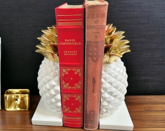 Pineapple Books Coastal Decor ~ Home Office Desk Bookcase Decor ~ Glossy White With Gold Crown Tops ~ Tropical Home Gifts ~ Vintagesouthwest