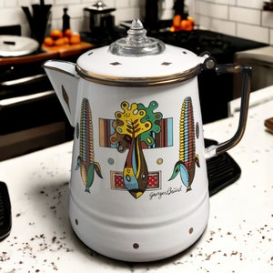 MCM Georges Briard Enamelware Percolator Coffee Pot ~ Garden Vegetable Harvest Pattern ~ (No Inside Basket) Retro Kitchen ~ VintageSouthwest