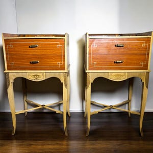 Art Deco Nightstand Pair: Vintage Painted Wood Arrow Motif