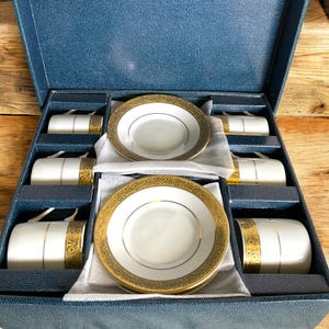 Chinacraft Boxed Demitasse Set for 6 ~ Mid Century Porcelain Demitasse Set of 6 Cups & 6 Saucers ~ 22k Gold Rim Gift Set ~ VintageSouthwest