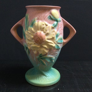 Roseville Peony Vase 61 - 7 ~ Antique 7&quot; Pink & Green Vase w Yellow Flower ~ 1930s Art Pottery ~ Handles Both Sides Vase ~ VintageSouthwest