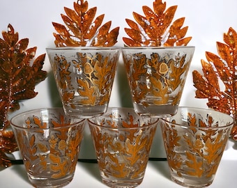 Culver Barware Old Fashioned Glasses Set of 5 ~ Mid Century Modern 22k Gold Autumn Leaves & Acorns 8oz Rocks Glasses ~ VintageSouthwest