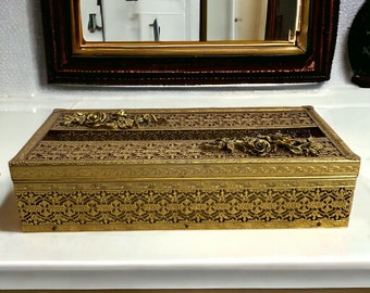 Hollywood Regency Tissue Box Cover ~ Mid Century Gold Toned Rose Motif Tissue Box ~ Ornate Bathroom Vanity Boudoir Decor ~ VintageSouthwest