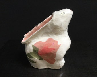 Paper Mache Bunny Rabbit ~ Moon Gazer Pink Ear Rabbit ~ Vintage Home Decor ~ HandCrafted In Thailand ~ 9" Tall Rabbit ~ Vintagesouthwest