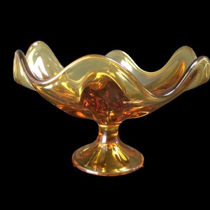 Viking Glass Amber Compote ~ Mid Century Modern 6 Petal Crimped Glass Pedestal Fruit Candy Bowl ~ American Art Glass ~ VintageSouthwest image 1