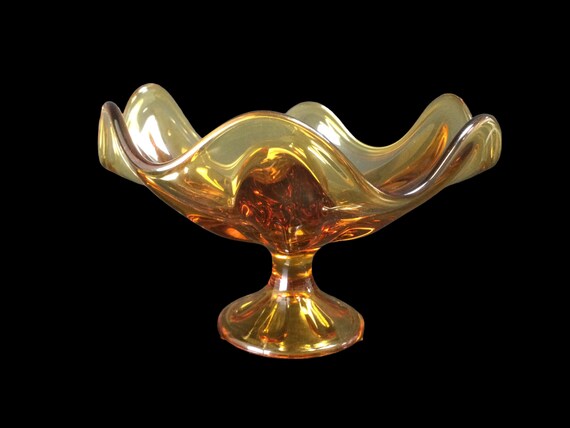 Viking Glass Amber Compote ~ Mid Century Modern 6 Petal Crimped Glass Pedestal Fruit Candy Bowl ~ American Art Glass ~ VintageSouthwest