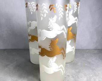 MCM Frosted White & Gold Galloping Horse Glasses Set of 3: Tom Collins / Highball / Tall Cooler Glasses