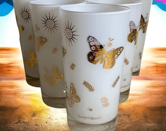 Georges Briard Barware Set of 6 Highball Glasses ~ MCM 22k Gold Butterfly Encased White ~ Vintage Summer Spring Barware ~ VintageSouthwest