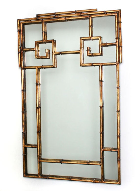 Vintage Labarge Mirror Gold Gilt Metal Faux Bamboo Greek Key Design Luxurious Designer Home Furnishings Decor