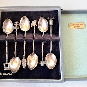 Sterling Silver Demitasse Spoon Set of 6 / Sakai Silversmiths Japan / Faux Bamboo Handles Japanese Motifs Original Box / Vintagesouthwest