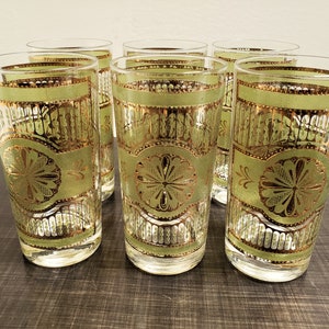 Vintage Culver Barware: 22K Gold Green Medallion Hiball Glasses, Set of 6