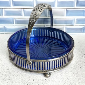 Cobalt Blue Depression Glass Dish w Silver Plate Carrier Basket Vintage Blue Glass Starburst Candy Condiment Dish VintageSouthwest image 2