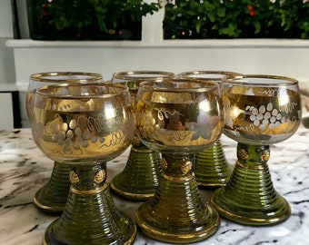 Roemer Style Wine Goblets Set of 6 ~ Vintage 22k Gold & Green Glassware ~ Grape Motif Beehive Stem ~ Wine Drinker Gifts ~ VintageSouthwest