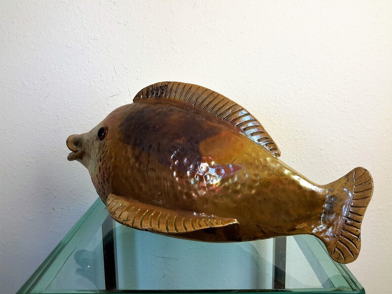 Large Raku Hand Crafted Pottery Kissing Fish Artist Signed D Crammer Home Decor Fisherman S Gifts Artisan S Fish Decor 16 Long Fine Art Ceramics Art Collectibles
