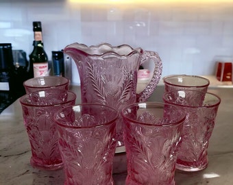 Moser Pink Glass Pitcher & Glassware Set ~ Vintage Pressed Glass Rose Thistle Pattern Juice Pitcher w 6 8oz Glasses ~ Rustic Farmhouse Decor