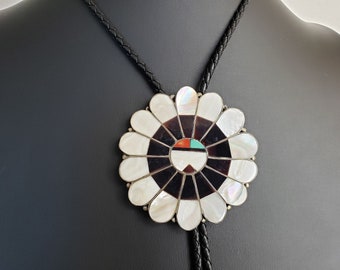Zuni Sunface Bolo Tie / Gemstone Inlay Zuni Bolo / Handcrafted Southwest Jewelry / Zuni Artisan Jewelry / VintageSouthwest Attire / 8003E