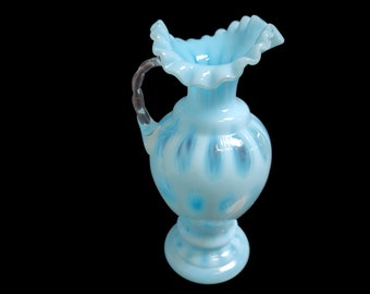 Fenton Glass Vase ~ Mid Century 8 1/2" Blue Opalescent Coin Dot Vase ~ Crimped Ruffle Edge Art Glass Pitcher Vase ~ VintageSouthwest