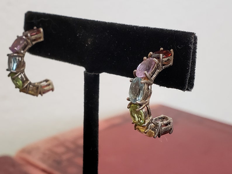 Birthstone Semi Hoop Earrings Sterling Multi Stone Earrings Tourmaline Amethyst Blue Spinel Peridot Vintage Jewelry Vintagesouthwest