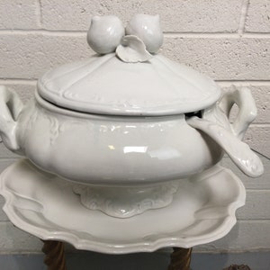Italian Majolica Tureen w/ Under Platter & Ladle ~ Made in Italy ~ Mid Century Glazed White Porcelain Serving Bowl ~ VintageSouthwest
