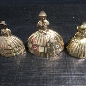 Brass Victorian Belles Bells Set of 3 ~ Women Wearing Hoop Skirts Bonnets Figurine Bells ~ Vintage Victorian Female Bells ~ VintageSouthwest