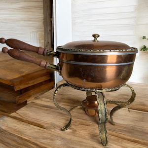 Chafing Dish Hammered Copper & Brass Brutalist Design ~ Double Stacking Handled Pans ~ Vintage Cooking Kitchen Decor ~VintageSouthwest