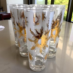 MCM Fred Press Barware Set of 6 Tom Collins Glasses ~ 22k Gold Atomic Sun Medallion 14oz Skinny Tall Highball Glasses ~ Signed Fred Press