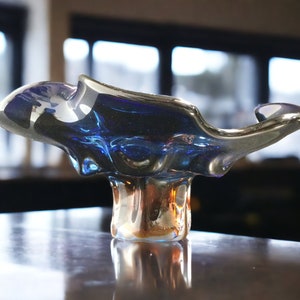 Egermann Art Glass Bowl ~ Mid Century 13&quot; Cobalt Blue Amber Bohemian Glass Bowl ~ Czech Made Signed Egermann Centerpiece ~ VintageSouthwest