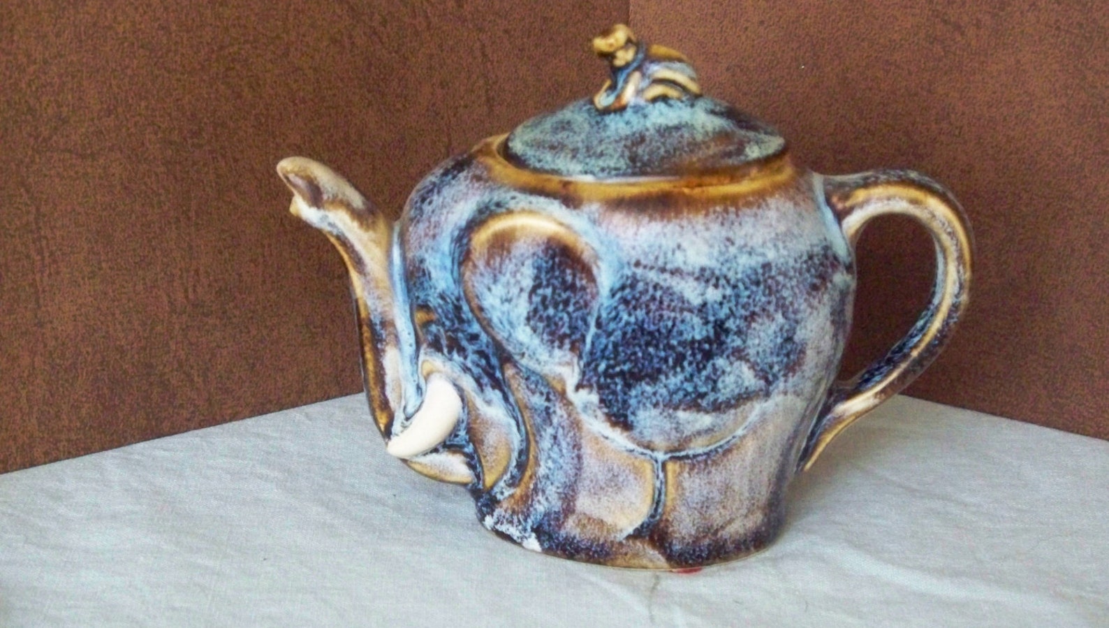 Vintage Elephant Teapot With Monkey Rider Blue & Brown High Etsy