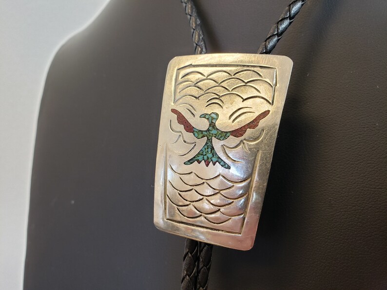 Native American Thunderbird Bolo shops Tie / Inlaid Turquoise & Coral On Silver / Southwest Bolo Ties / Southwestern Wear / Vintagesouthwest