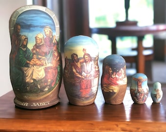 Russian Nesting Dolls Nativity Life of Jesus ~ 5 Religious Painted Wooden Dolls ~ Russian Orthodox Catholic Christian Art ~ VintageSouthwest