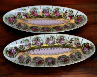 Arnart Royal Vienna Oval Relish / Olive Dish Pair ~ Vintage 10 1/8" Long Porcelain Dishes ~ Love Story Design ~ Gold Trim ~ Plz Rd Desc