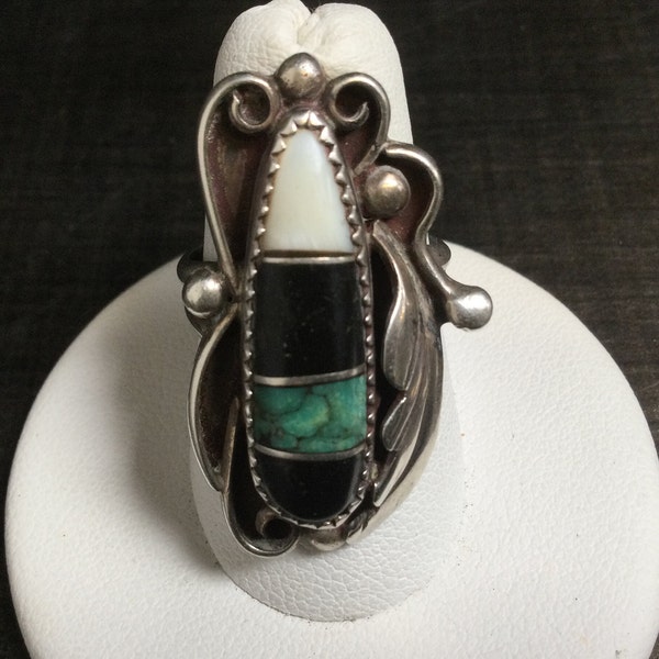 Harrison Yazzie Jewelry Ring Sz 6 1/2 ~ Native American  Navajo Handcrafted Jewelry ~ Onyx Mop Malachite ~ Vintagesouthwest 6103