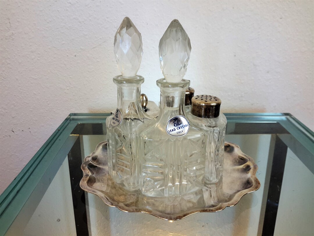 Italian Lead Crystal Cruet Set & Tray / 5 Piece Set / Lead Crystal