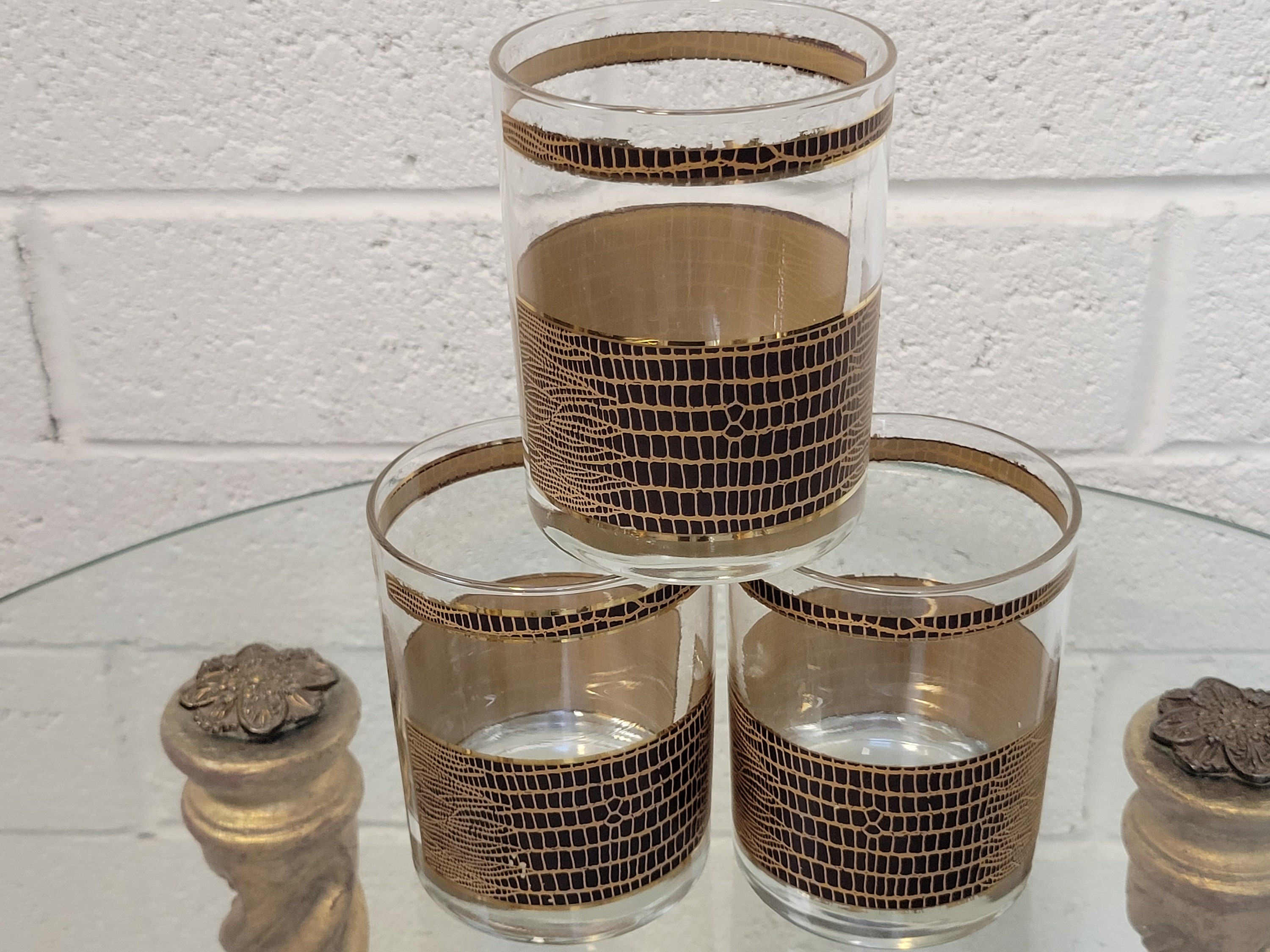 Georges Briard Glasses Snakeskin Barware 22K Set of 3 Double Old