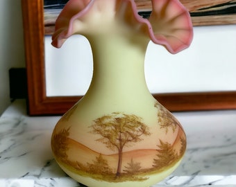 Fenton Burmese Glass Vase ~ Vintage 7" Fenton Art Glass Crimped Edges Glows ~ Hand Painted Forest & Trees ~ Artist Signed ~ VintageSouthwest