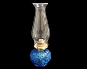 Mid Century Dorset Oil Lamp w Blue Fenton Daisy Button Glass Font and Clear Glass Chimney 13 1 2 quot Vintage Oil Lamp VintageSouthwest