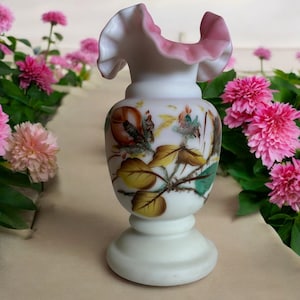 Fenton Pink Cased Satin Glass Vase ~ Vintage Hand Painted Mossy Rose Design ~ Ruffled Edges ~ 7 3/4&quot; Fenton Vase ~ VintageSouthwest