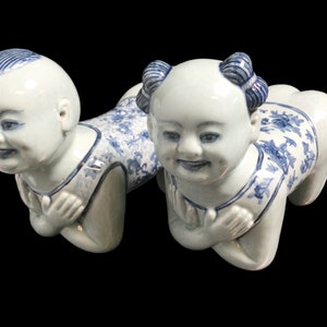 Chinese Porcelain Pillows Pair ~ Blue Monochrome Crouching Boy & Girl ~ Asian Art Decor ~ Great Ming Dynasty Replicas ~ VintageSouthwest