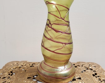 Kralik Loetz Threaded Vase, Antique Bohemian Iridized Art Glass