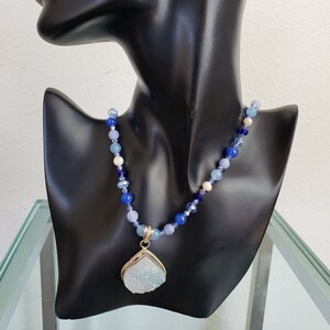 Druzy and Gemstone Necklace / Sterling Pendant Necklace / Blue Gemstone Jewelry Lapiz Quartz Druzy / Jewelry Gifts /