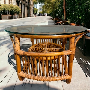 Mid Century Rattan, Bamboo & Glass Table ~ 1960s Round Coffee Side Table ~ 15 1 /2&quot; H x 24&quot; D Boho Chic Occasional Table ~ VintageSouthwest
