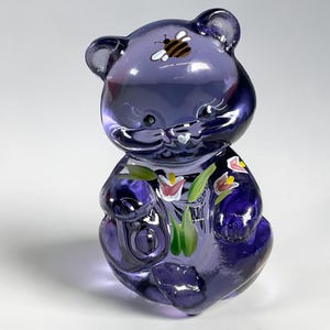 Fenton Amethyst Glass Bear Cub Figurine: Hand-Painted Bee, Blossoms, Signed S. Smith