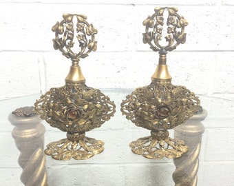 Matson Filigree Perfume Bottles ~ Pair 24K Gold Ormolu Bottles ~ Elegant Vanity Gifts ~ Hollywood Regency Rose Motif Decor ~Vintagesouthwest