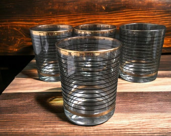 Mid Century Barware Black & 22k Gold Banded Double Old Fashioned Glasses Set of 4 ~ 12oz Italian Whiskey Rocks Glasses ~ VintageSouthwest